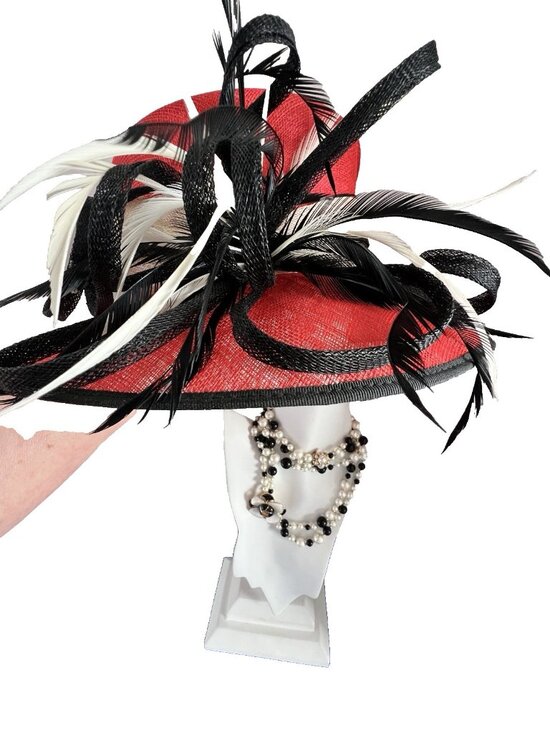 Kentucky Derby Hat Wide Brim Red Black Feathers Bows Wedding Cocktail Italian main image 7